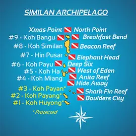 Mapa miejsc nurkowych archipelagu Similan